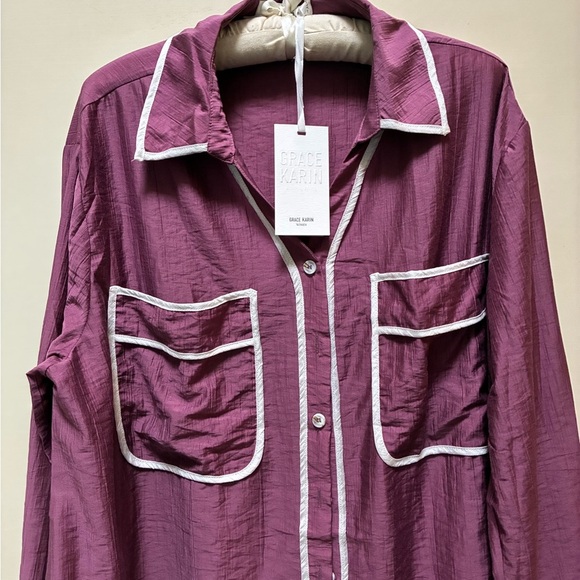 Grace Karin Women's Plum Button Down Shirt with White Trim - Picture 3 of 6